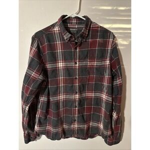Eddie Bauer Plaid Cotton Flannel Long Sleeve Size L Red Dark Gray Button Shirt